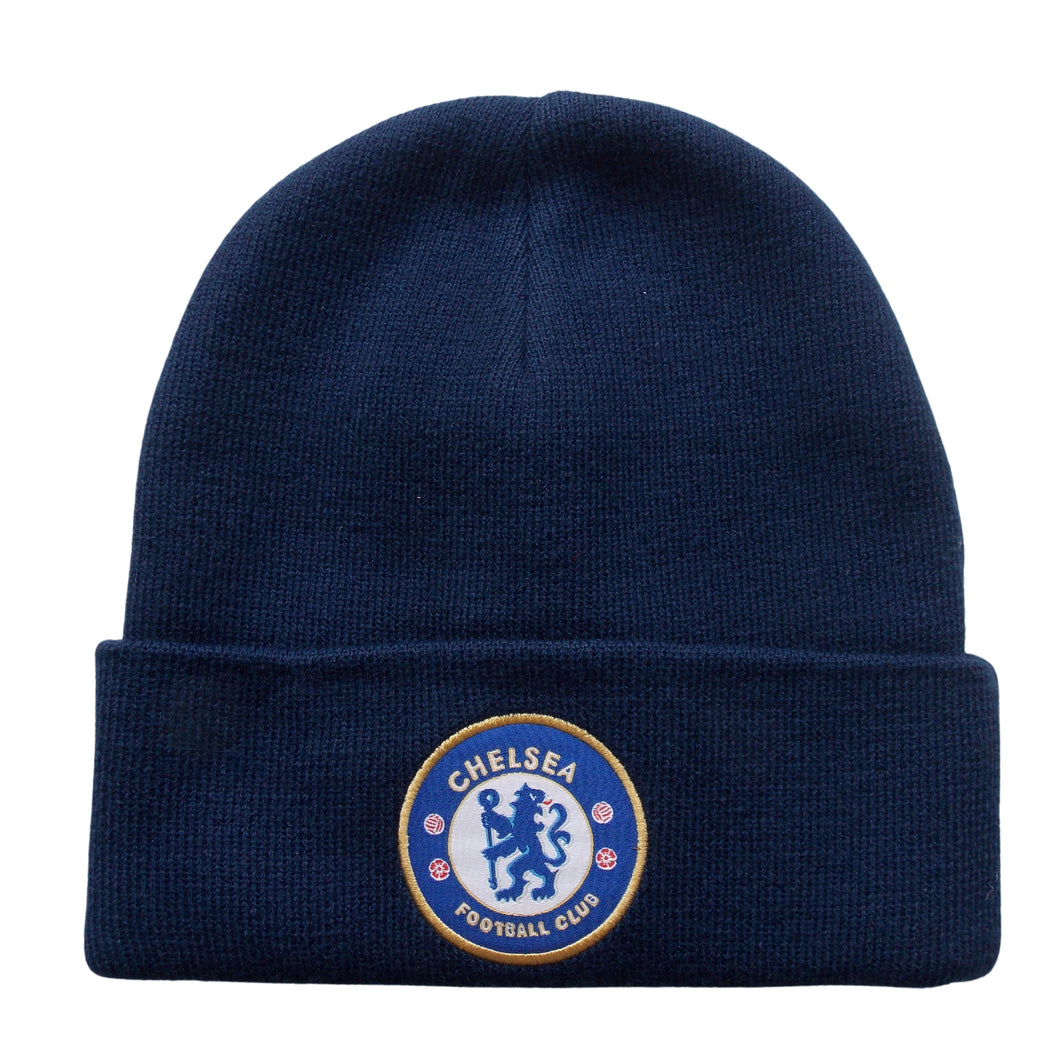 Chelsea Football Club Knitted Cuffed Beanie Hat - Crest - Adult One Size Navy