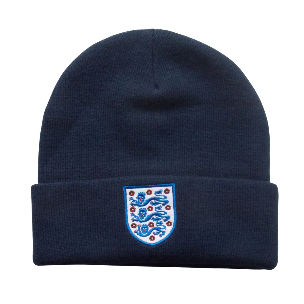 England Football Knitted Cuffed Beanie Hat Three Lions Adult One Size Navy Blue