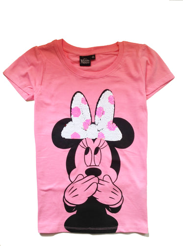 Disney Minnie Mouse Girls Sequin T-Shirt - 100% Cotton 